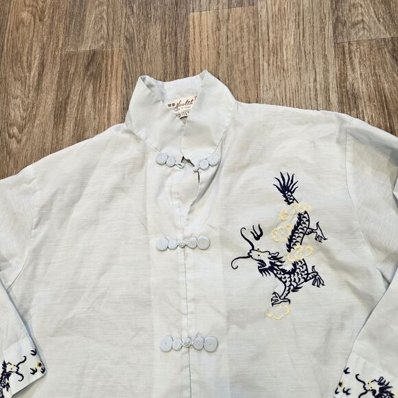 Vtg Chinese Kimono Top Womens L Blue Embroidered Dragons Pockets Short Sleeve - Picture 2 of 10